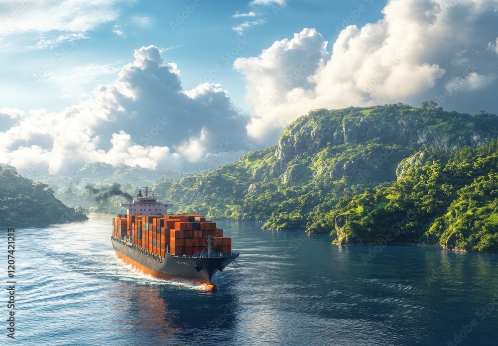 Container ship navigating through serene waters surrounded by lush ...