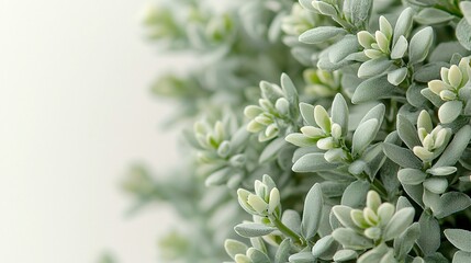 Wall Mural - Close up of a plant with soft green leaves against a white background soft light and minimal style