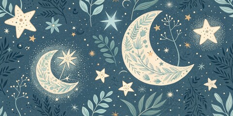 whimsical celestial pattern with moons, stars, and leaves on deep blue background