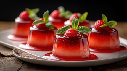 Colorful strawberry jelly dessert on a white plate garnished with fresh mint leaves