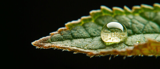 Poster - single droplet forms on textured leaf, captured in macro detail against dark background. intricate surface of leaf and clarity of droplet are highlighted