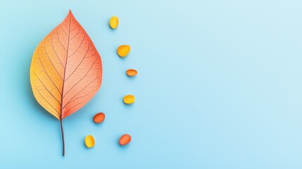 Wall Mural - Vibrant Autumn Leaf and Colorful Seeds on Soft Blue Background for Seasonal Decor or Nature-themed Projects