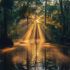 Wall Mural - Sunbeams illuminate tranquil swamp, golden reflection.