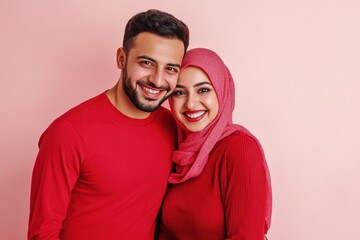 Wall Mural - Muslim Couple Hugging and Smiling in Red Color Outfit for Happy Valentine's Day Photo.Fictional Character Created By Generative AI