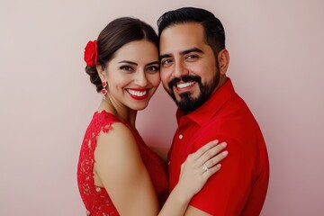 Wall Mural - Indian Couple Hugging and Smiling in Red Color Outfit for Happy Valentine's Day Photo.Fictional Character Created By Generative AI