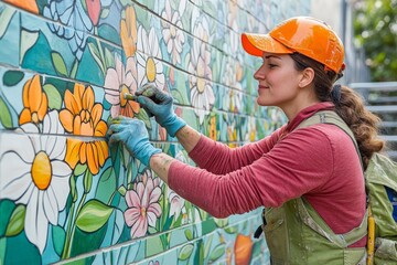 Creative mural artist painting vibrant floral design on a wall in a sunny outdoor community space during the day