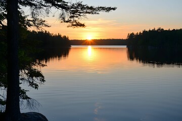 Wall Mural - Sunset reflecting on a tranquil lake in nature