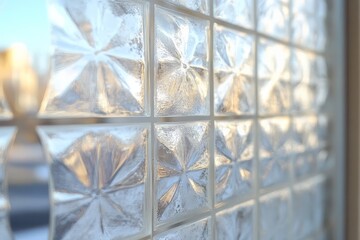 Poster - Sunlight filters through a clear glass block window casting patterns on the adjacent wall during the morning