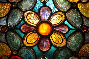 Aufkleber - Vibrant stained glass flower design featuring intricate patterns and colors in a radiant arrangement