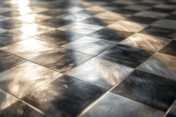 Aufkleber - Glossy checkered floor reflecting light in a spacious room with a modern aesthetic