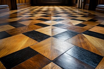 Poster - Elegant parquet flooring design showcasing intricate patterns in a historic building interior
