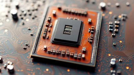 Close-up CPU chip on circuit board, technology background