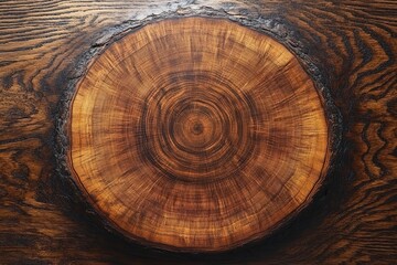 Aufkleber - Circular wooden slab showcases rich grain patterns and natural textures from a tree trunk in a well-lit interior setting