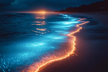 Aufkleber - Nighttime glow of bioluminescent waves along a serene beach under a starry sky