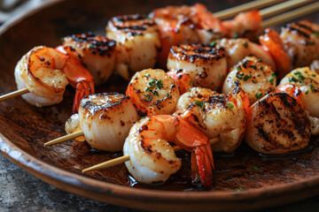 Juicy grilled seafood skewers featuring shrimp and scallops ready for a delicious summer feast at a seaside picnic