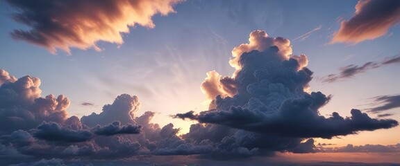 Wall Mural - Clouds floating gently across the blue sky at sunrise, soft clouds, sunny morning