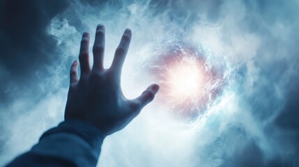 Wall Mural - Hand Reaching Towards Bright Swirling Light in Cosmic Atmosphere