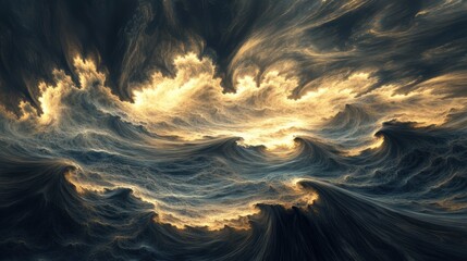 Wall Mural - Dramatic Ocean Waves with Golden Light and Whirling Clouds at Dawn