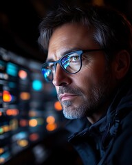 focused man night data analysis screen