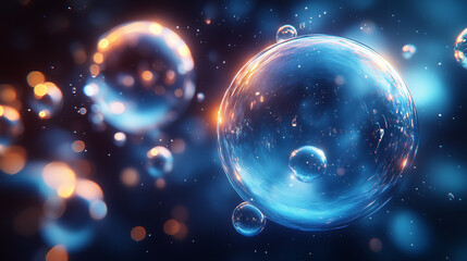 Wall Mural - a rhythmic arrangement of glowing spheres with bright highlights reflected in a deep blue space.