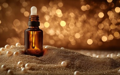 Wall Mural - A glass bottle with a dropper is displayed on a white surface, in front of a mound of sand and pearls, against a bokeh backdrop.