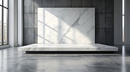 Wall Mural - Minimalist interior with marble platform and concrete walls bathed in natural light from windows