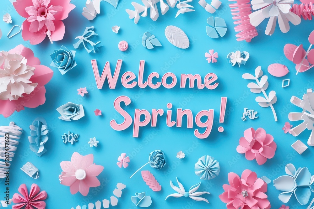 Bright and cheerful decorations celebrate spring with an array of colorful paper flowers and shapes arranged on a vibrant blue background. The joyful colors convey a sense of renewal and warmth.