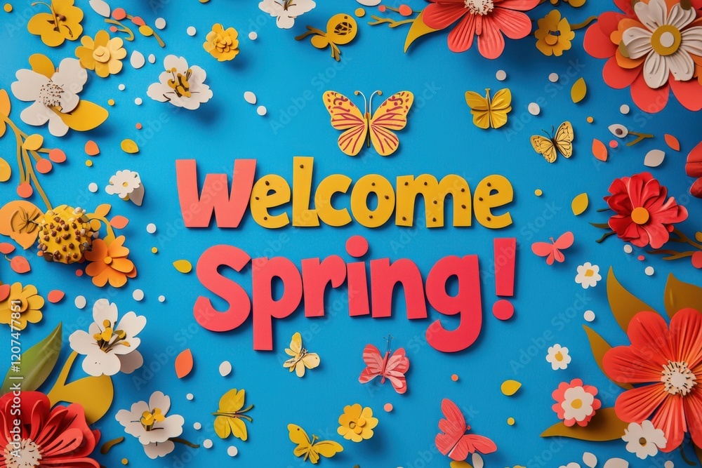 Brightly colored paper flowers and butterflies surround cheerful lettering that welcomes spring. The background is blue, creating a lively atmosphere filled with joy and renewal.