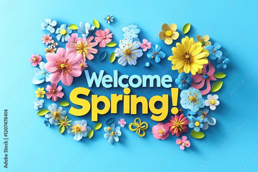 Brightly colored flowers in pink, blue, and yellow surround a joyful welcome message for spring. This vibrant design captures the essence of the season with lively hues and fresh blooms.
