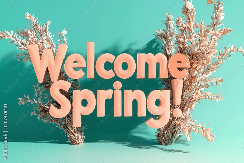 A colorful display showcasing the phrase Welcome Spring! in large, peachy letters against a turquoise background. Two dried floral arrangements flank the text, enhancing the seasonal theme.