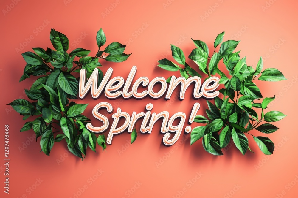 Bright green leaves frame the warm coral background with joyful text celebrating the arrival of spring, creating a refreshing and inviting atmosphere for the season ahead.
