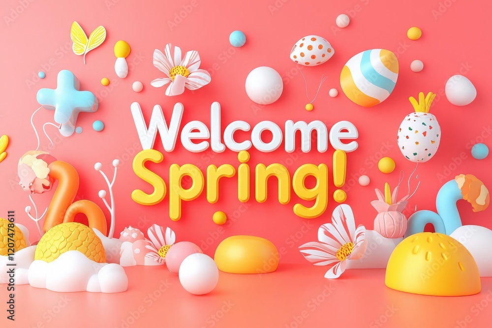 Vibrant spring-themed decorations showcase colorful flowers, eggs, and cheerful designs against a lively background. Elements include playful shapes and bright colors celebrating the season.