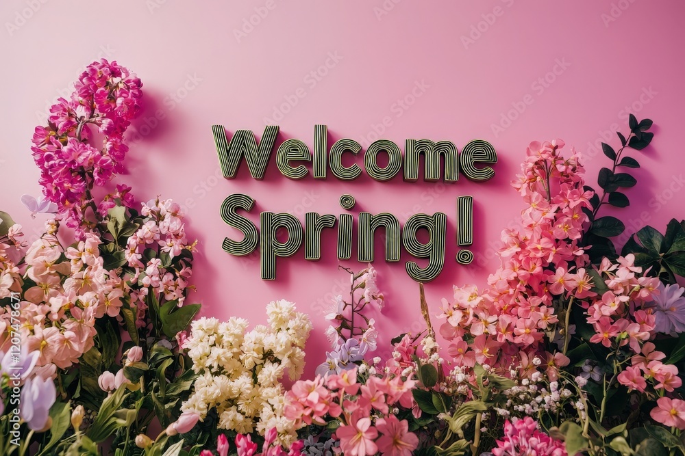 A vibrant display of various flowers creates a joyful atmosphere while a friendly welcome sign announces the arrival of spring. The pink background enhances the festive mood.