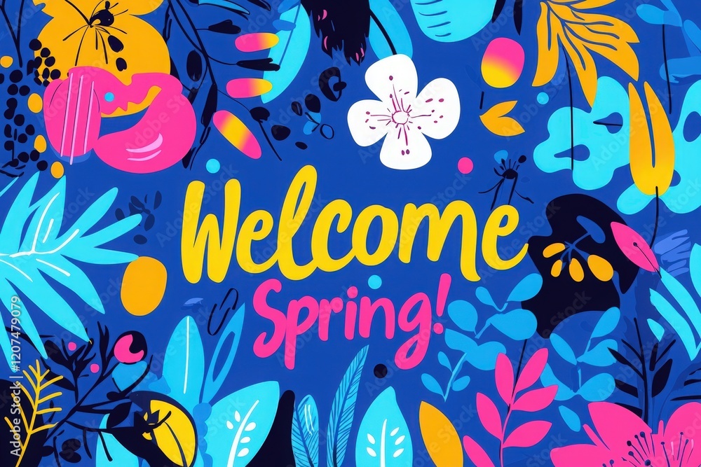 Brightly colored floral designs surround a cheerful message celebrating the arrival of spring. The rich hues and playful elements convey joy and renewal in a lively aesthetic.