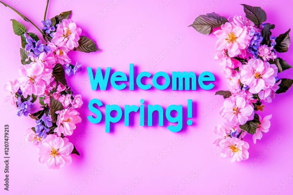 Bright flowers in shades of pink and purple surround bold text that welcomes the arrival of spring. The cheerful composition creates a lively atmosphere perfect for the season.