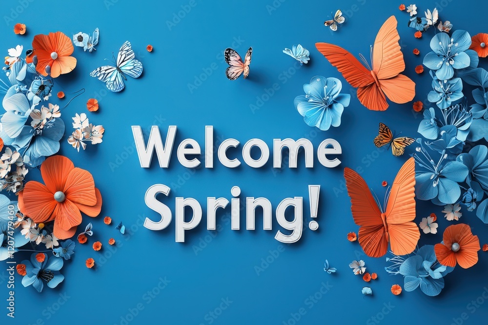 A vibrant display featuring various paper flowers and butterflies in shades of blue and orange. The cheerful greeting for spring warmly invites the season of renewal and growth.