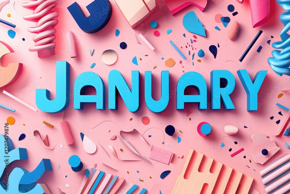 Bright and playful design featuring the word January in bold blue letters surrounded by various colorful abstract shapes and festive confetti on a pink background, evoking a cheerful vibe.