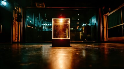 Illuminated Glass Cube Display Case in Dark Room Interior