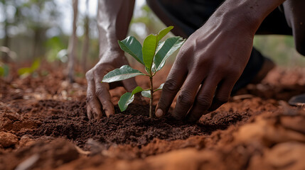 Hands gently planting young sapling into rich, fertile soil, symbolizing growth and care. close up captures essence of nurturing nature and environmental conservation