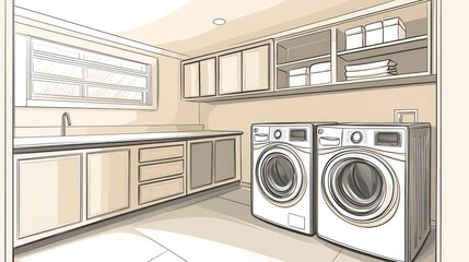 Canvas Print - Design Draft of a Rustic Laundry Room with Cabinets and Appliances