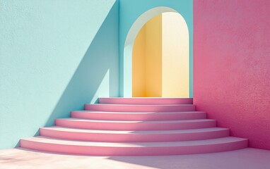 Poster - Pastel pink stairs leading to arched doorway.
