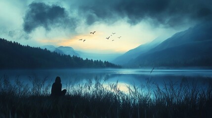  Serene Lake at Sunset with a Solitary Figure