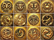© starblue - set of gold thumbs of all zodiac signs in gold tonality, astrology concept of isolated zodiac symbols