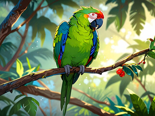 watercolor art of a Vibrant Parrot on a Lush Green tree 
