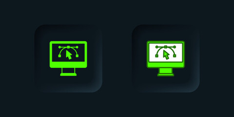 Green Computer display with vector design program icon isolated on isolated on black background. Photo editor software with user interface. Black square button. Vector