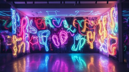 Wall Mural - Vibrant Neon Light Art Installation on a Dark Wall