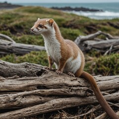 Wall Mural - A weasel perched atop a pile of driftwood, gazing out at the ocean.