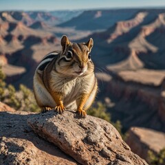 Wall Mural - A chipmunk on a rock overlooking a vast canyon with clear skies above.