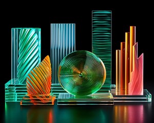 Wall Mural - Abstract glass sculptures with various textures and colors on black background.