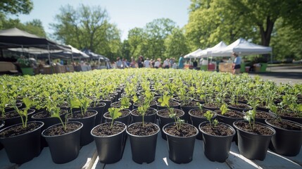 Canvas Print - A vibrant display of small green plants in black pots arranged in a neat row at an outdoor market with tents in the background